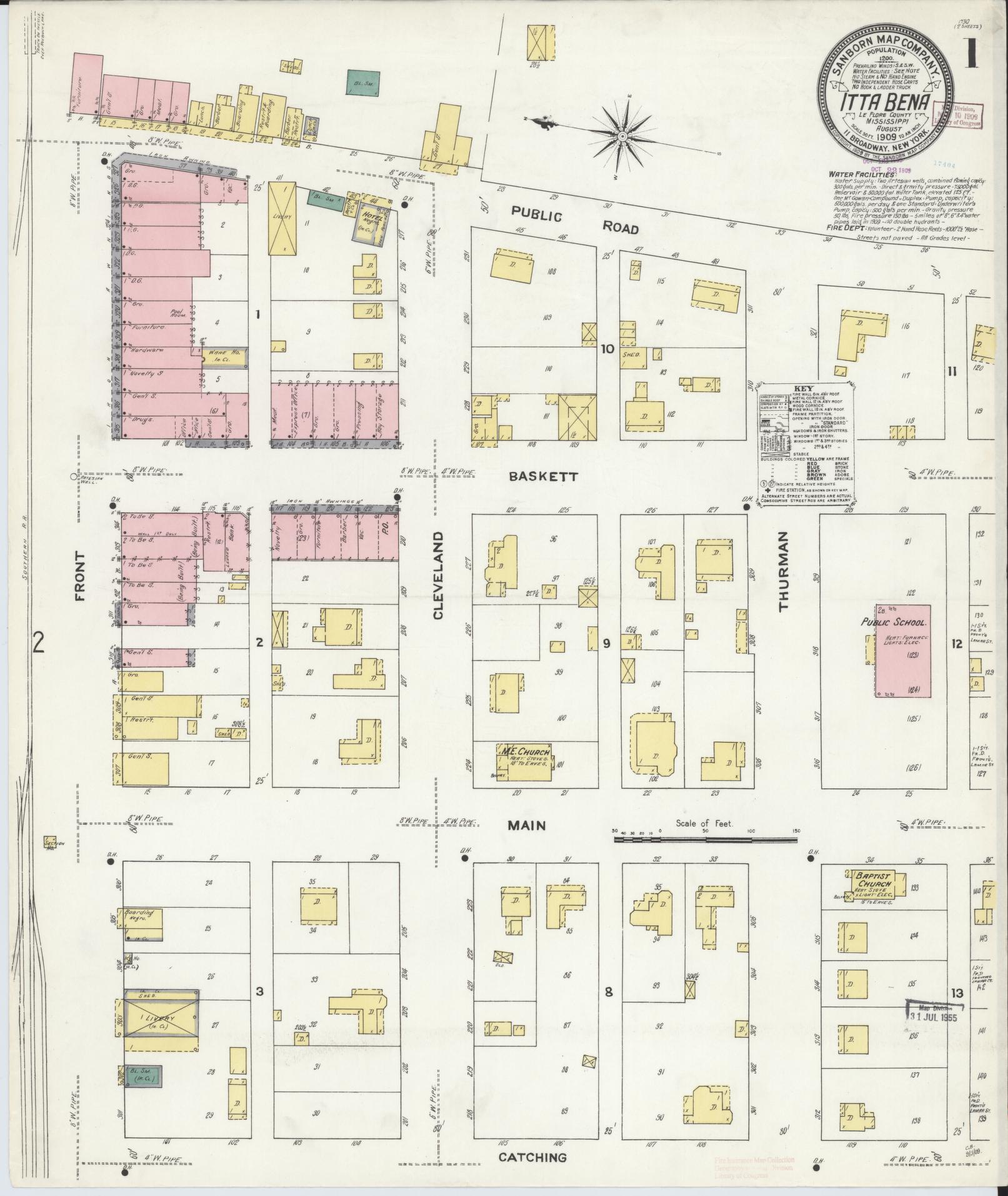 Sanborn Fire Insurance Map from Itta Bena, Leflore County, Mississippi (1909), Sheet #0001 - Historic Sanborn Fire Insurance Map Print, vintage old map wall art, antique decor, genealogy gift, Mississippi Mississippi map