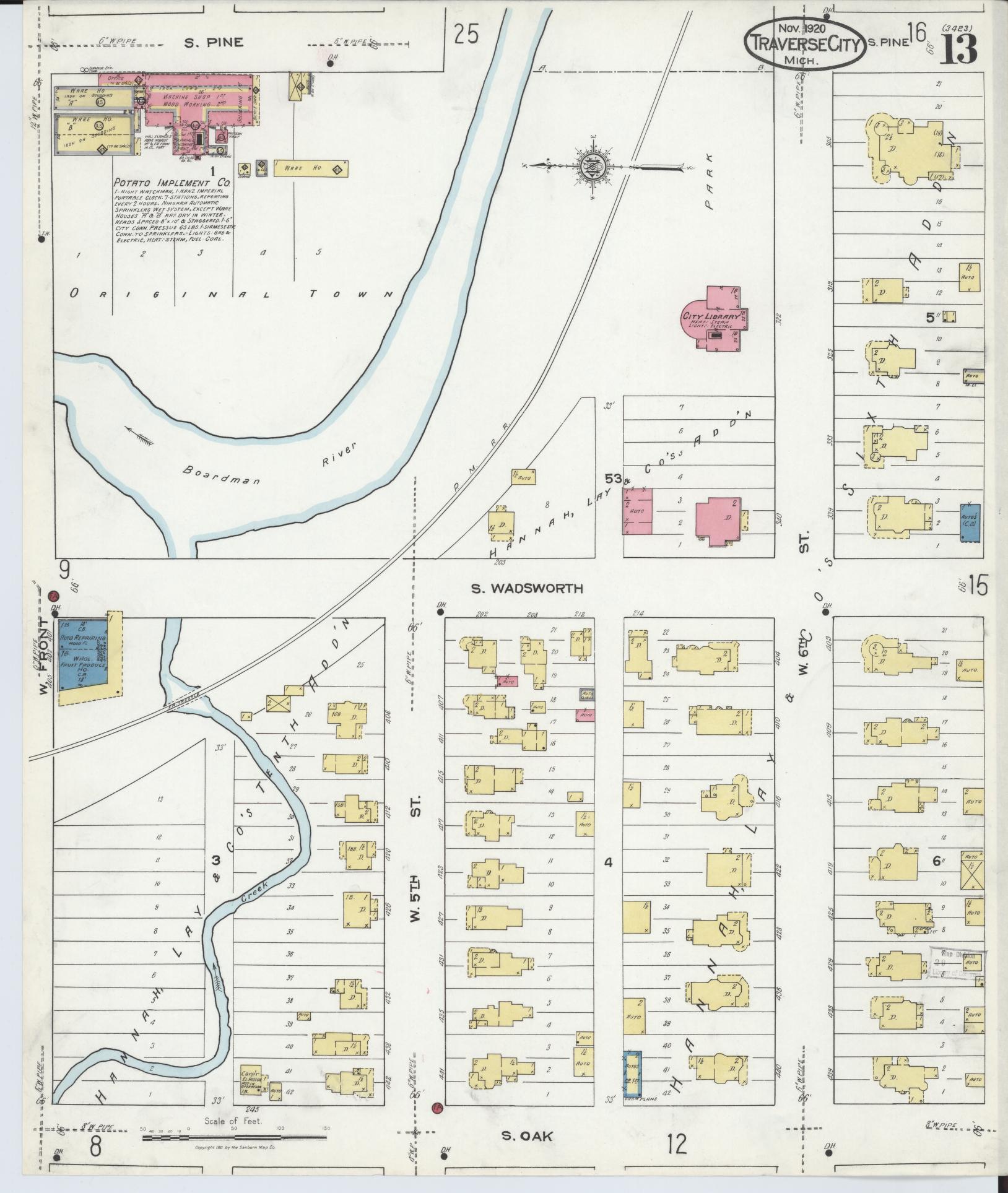 Sanborn Fire Insurance Map from Traverse City, Grand Traverse County, Michigan (1920), Sheet #0013 - Historic Sanborn Fire Insurance Map Print, vintage old map wall art, antique decor, genealogy gift, Michigan Michigan map