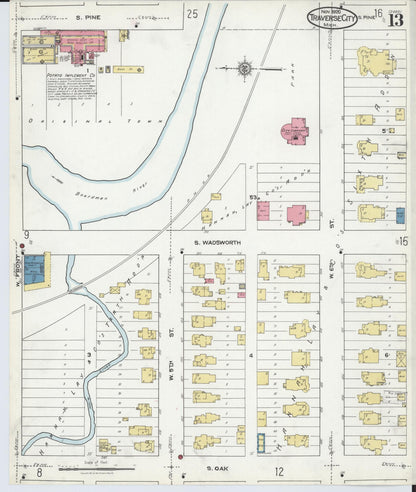 Sanborn Fire Insurance Map from Traverse City, Grand Traverse County, Michigan (1920), Sheet #0013 - Historic Sanborn Fire Insurance Map Print, vintage old map wall art, antique decor, genealogy gift, Michigan Michigan map
