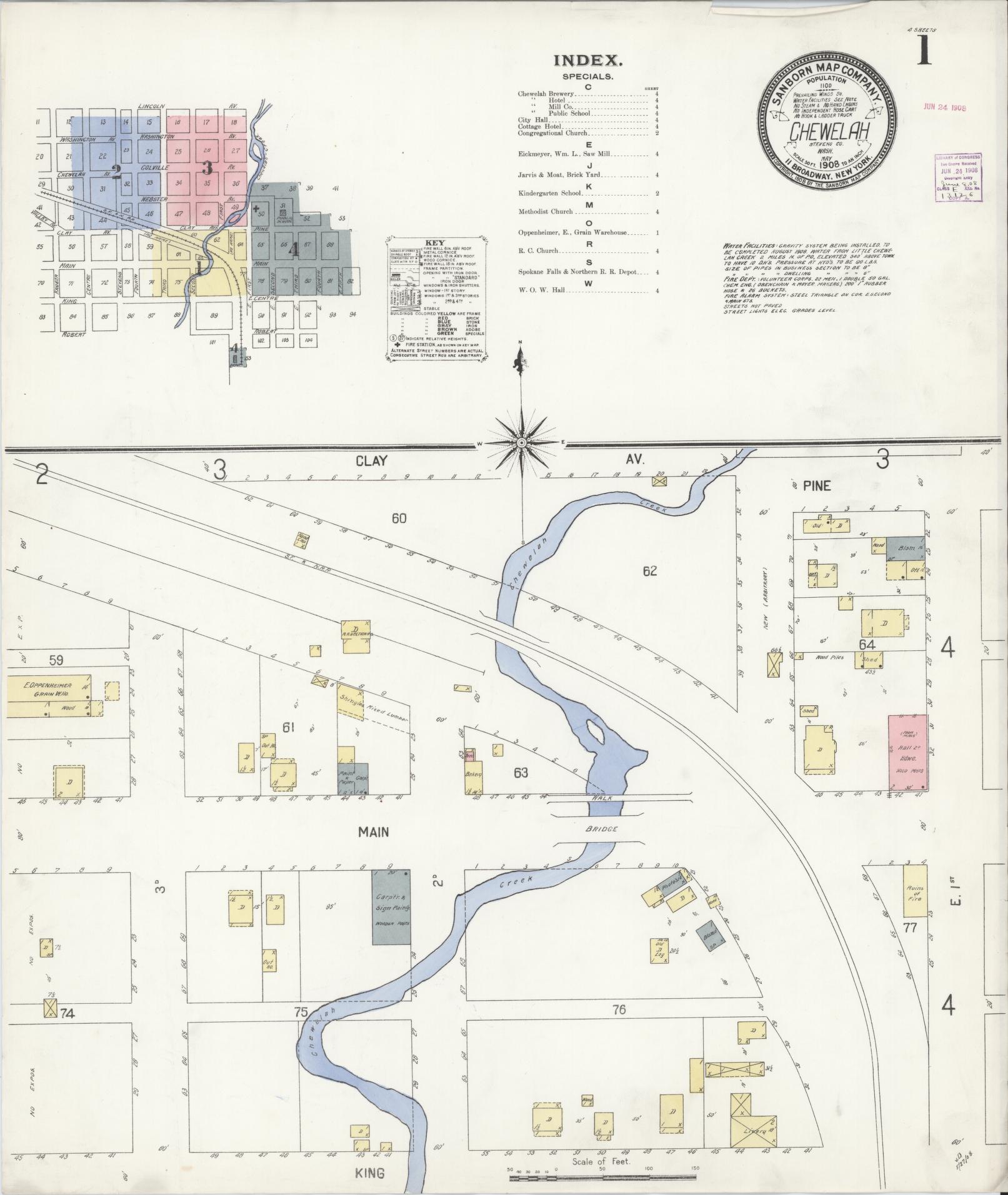 Sanborn Fire Insurance Map from Chewelah, Stevens County, Washington (1908), Sheet #0001 - Complete Map Set gallery image, historic Sanborn map, vintage wall art, Washington Washington