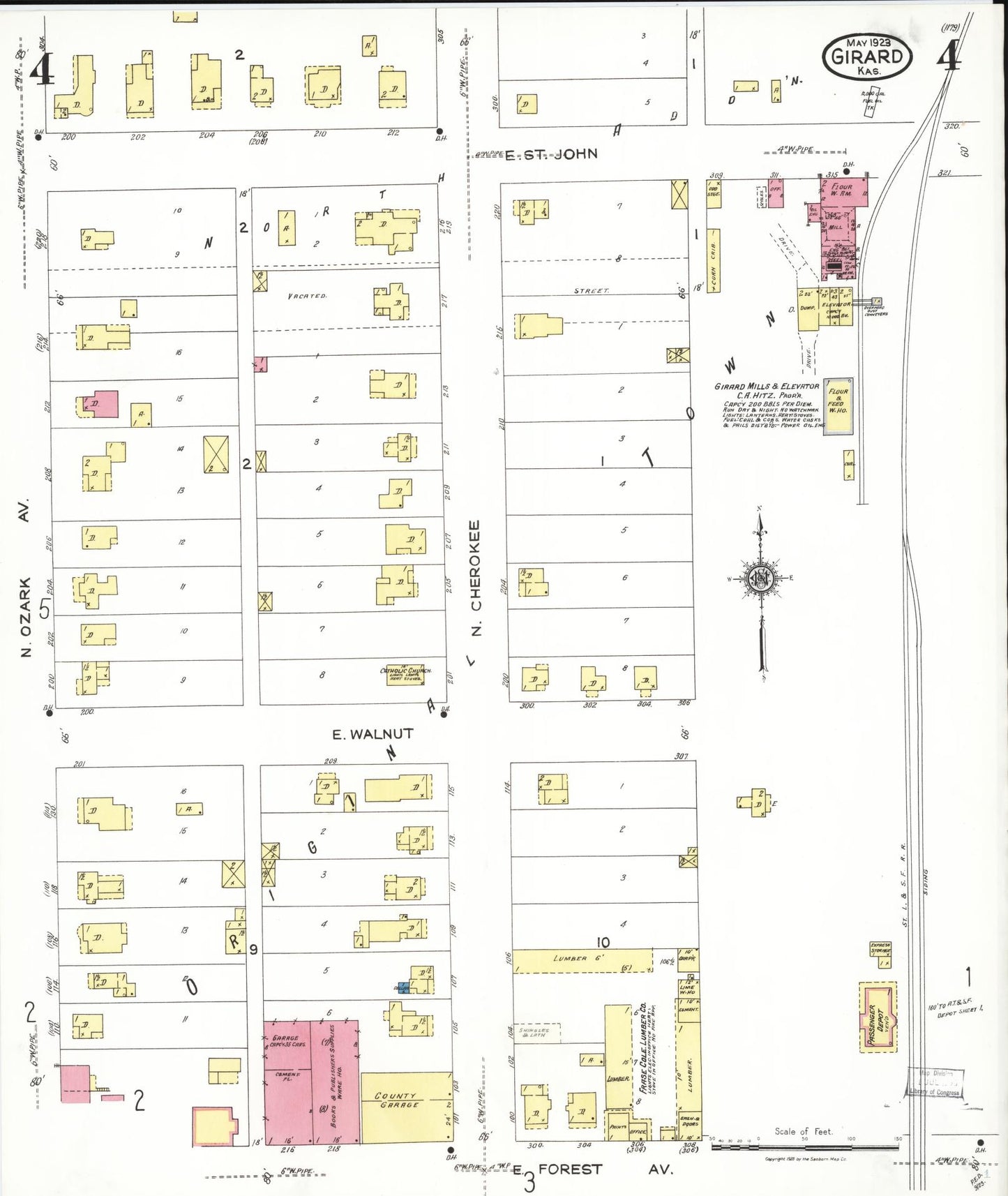 Sanborn Fire Insurance Map from Girard, Crawford County, Kansas (1923), Sheet #0004 - Complete Map Set gallery image, historic Sanborn map, vintage wall art, Kansas Kansas