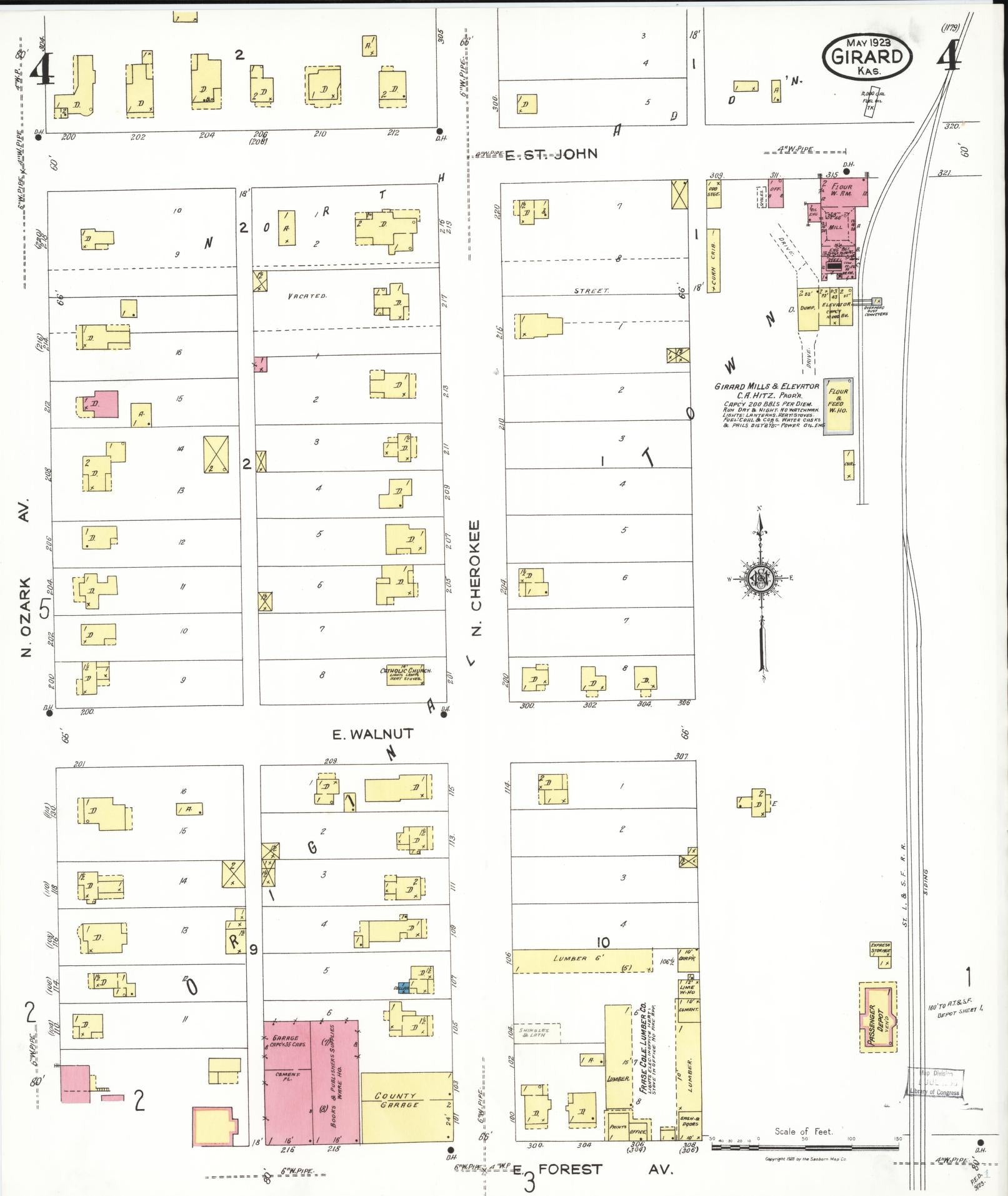 Sanborn Fire Insurance Map from Girard, Crawford County, Kansas (1923), Sheet #0004 - Complete Map Set gallery image, historic Sanborn map, vintage wall art, Kansas Kansas