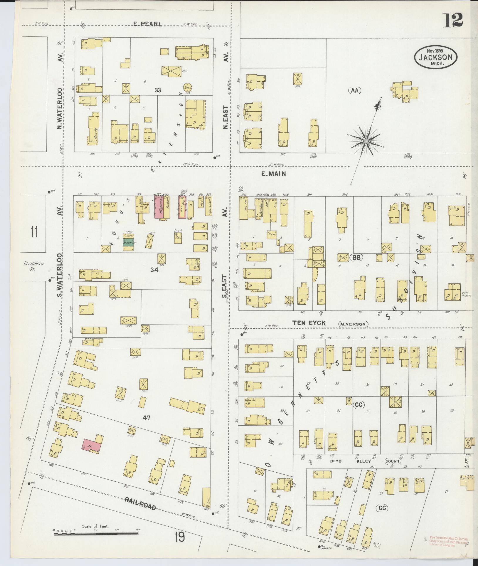 Sanborn Fire Insurance Map from Jackson, Jackson County, Michigan (1899), Sheet #0012 - Complete Map Set gallery image, historic Sanborn map, vintage wall art, Michigan Michigan