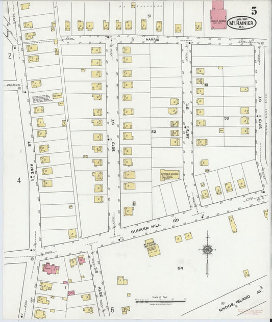Sanborn Fire Insurance Map from Mount Rainier, Prince Georges County, Maryland (1921), Sheet #0005 - Historic Sanborn Fire Insurance Map Print, vintage old map wall art