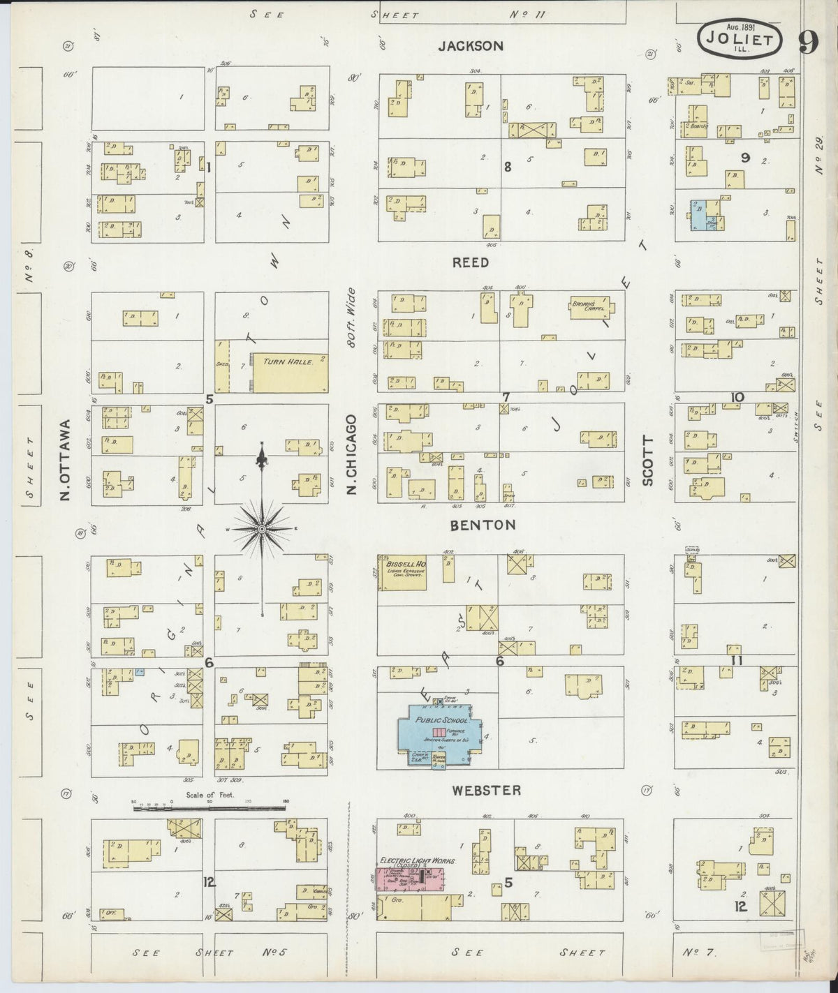 Sanborn Fire Insurance Map from Joliet, Will County, Illinois (1891), Sheet #0009 - Complete Map Set gallery image, historic Sanborn map, vintage wall art, Illinois Illinois