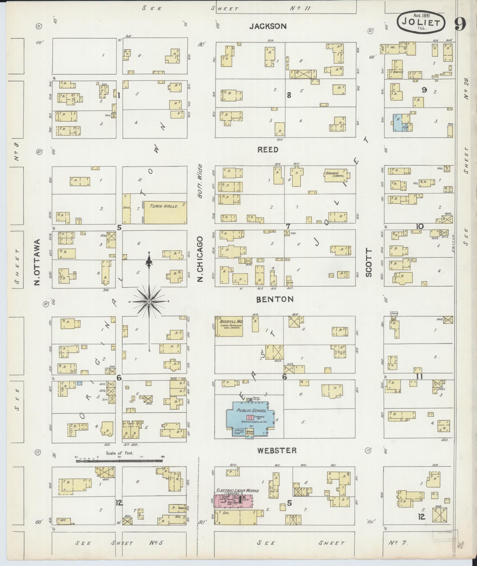 Sanborn Fire Insurance Map from Joliet, Will County, Illinois (1891), Sheet #0009 - Complete Map Set gallery image, historic Sanborn map, vintage wall art, Illinois Illinois