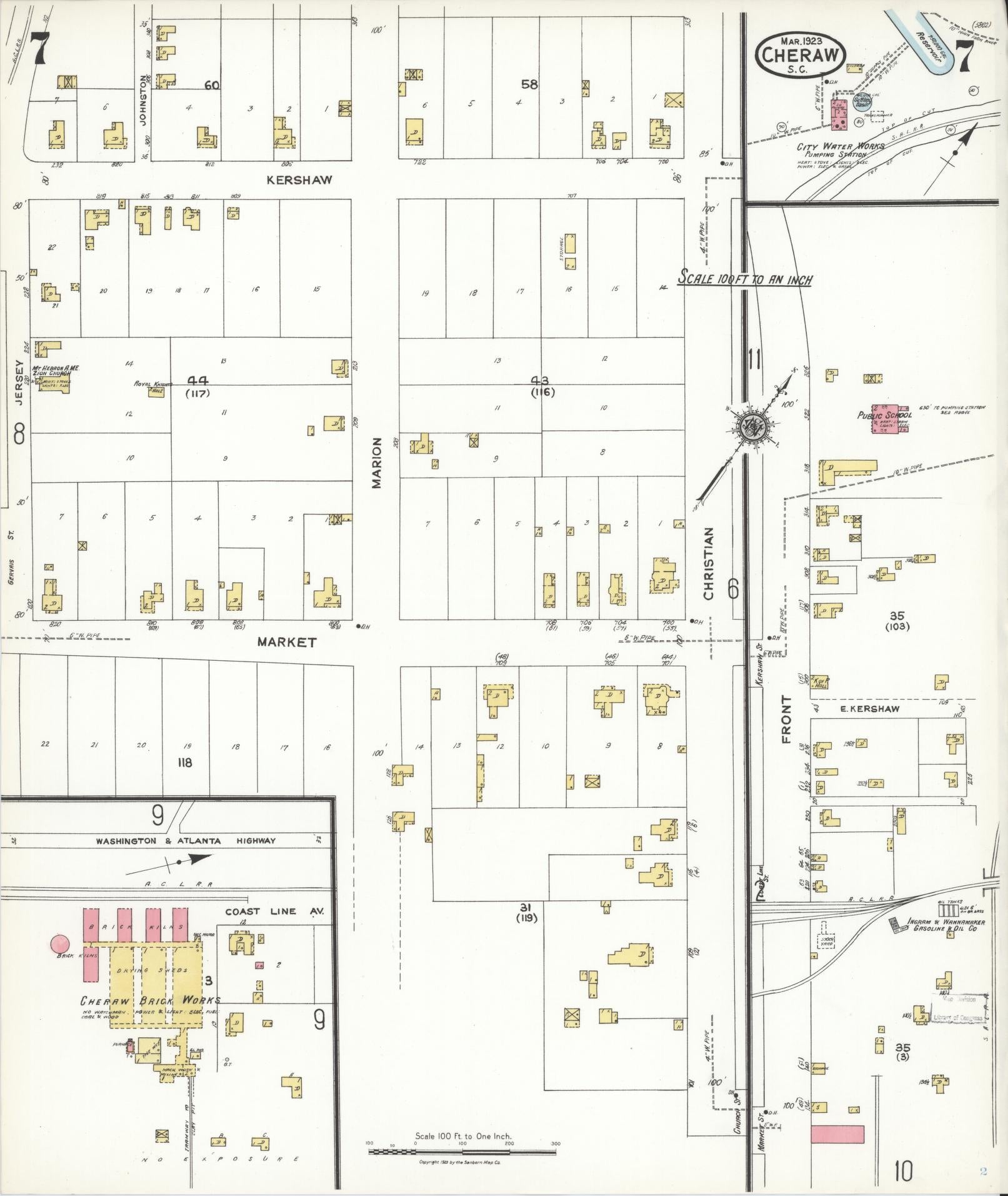 Sanborn Fire Insurance Map from Cheraw, Chesterfield County, South Carolina (1923), Sheet #0007 - Complete Map Set gallery image, historic Sanborn map, vintage wall art, South Carolina South Carolina