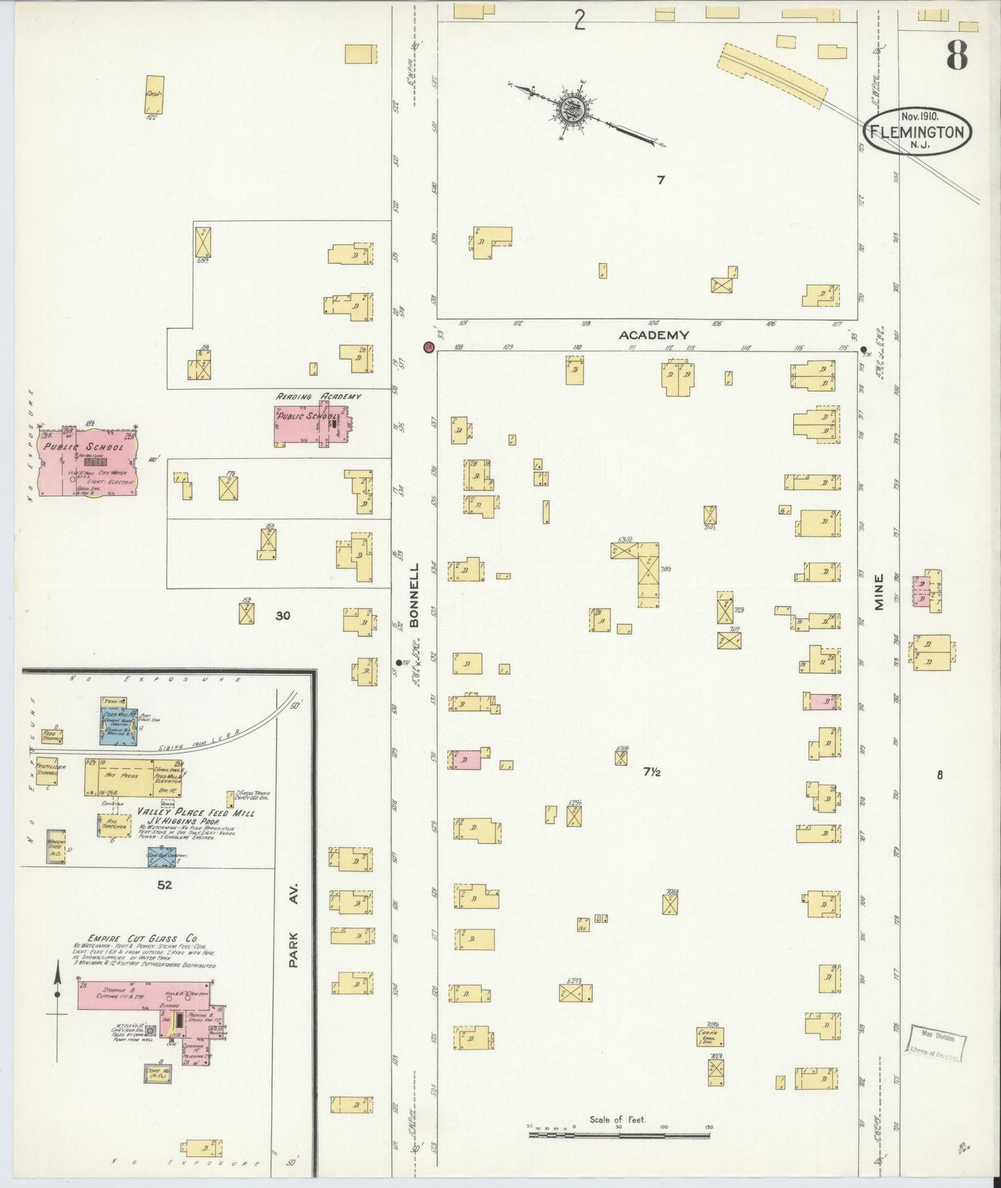 Sanborn Fire Insurance Map from Flemington, Hunterdon County, New Jersey (1910), Sheet #0008 - Historic Sanborn Fire Insurance Map Print, vintage old map wall art, antique decor, genealogy gift, New Jersey New Jersey map