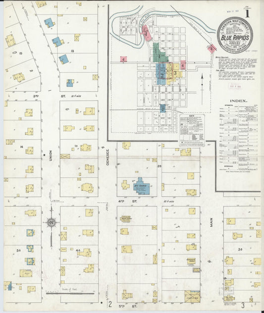 Sanborn Fire Insurance Map from Blue Rapids, Marshall County, Kansas (1911), Sheet #0001 - Historic Sanborn Fire Insurance Map Print, vintage old map wall art, antique decor, genealogy gift, Kansas Kansas map