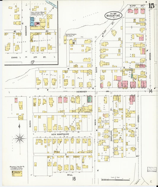 Sanborn Fire Insurance Map from Muscatine, Muscatine County, Iowa (1905), Sheet #0015 - Historic Sanborn Fire Insurance Map Print, vintage old map wall art
