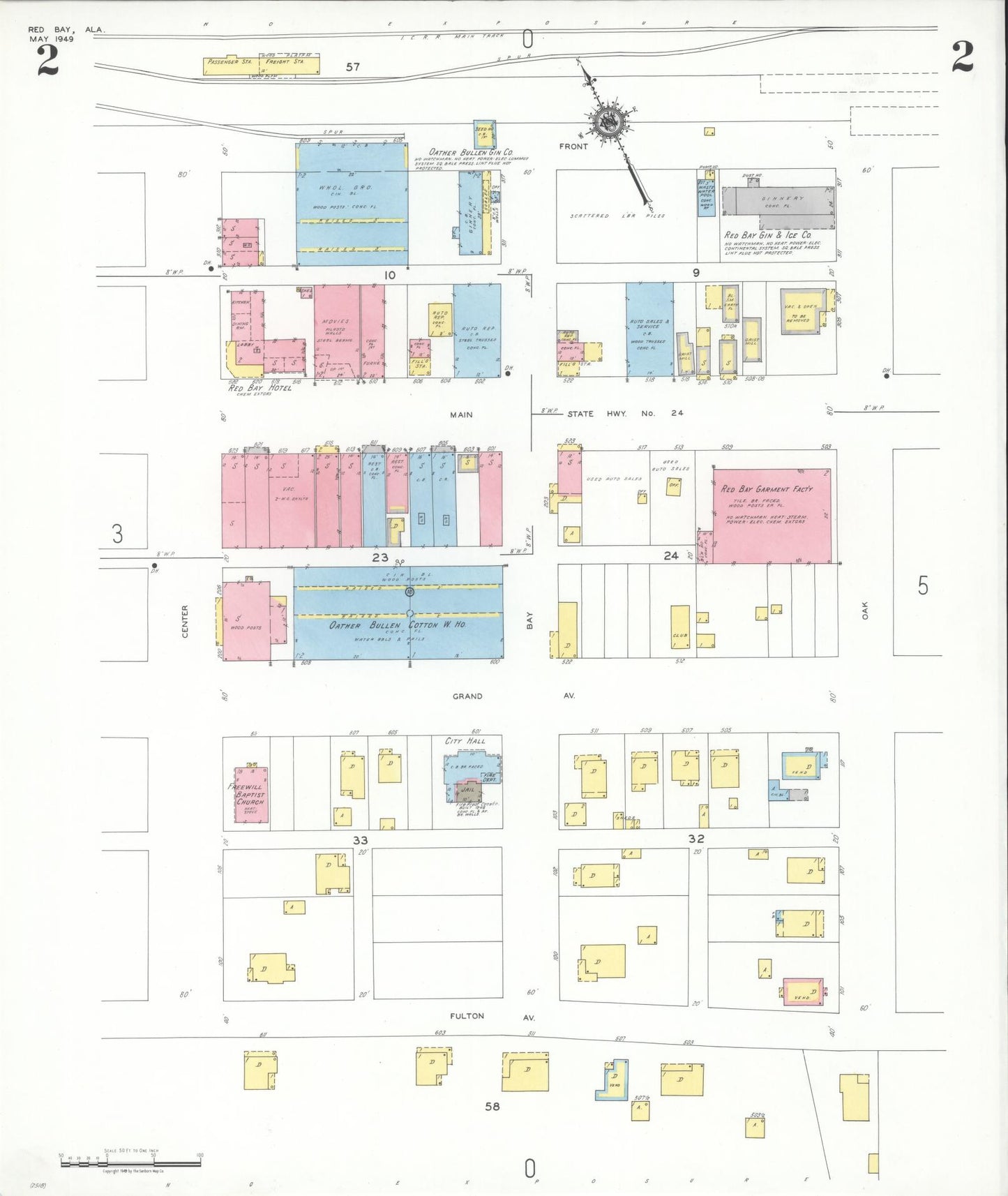 Sanborn Fire Insurance Map from Red Bay, Franklin County, Alabama (1949), Sheet #0002 - Historic Sanborn Fire Insurance Map Print, vintage old map wall art, antique decor, genealogy gift, Alabama Alabama map