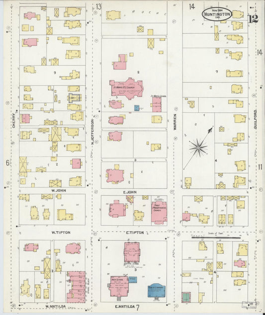 Sanborn Fire Insurance Map from Huntington, Huntington County, Indiana (1904), Sheet #0012 - Historic Sanborn Fire Insurance Map Print, vintage old map wall art, antique decor, genealogy gift, Indiana Indiana map