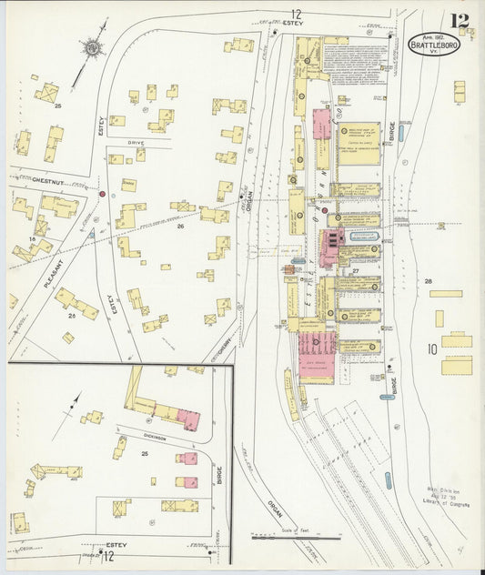 Sanborn Fire Insurance Map from Brattleboro, Windham County, Vermont (1912), Sheet #0012 - Historic Sanborn Fire Insurance Map Print, vintage old map wall art, antique decor, genealogy gift, Vermont Vermont map