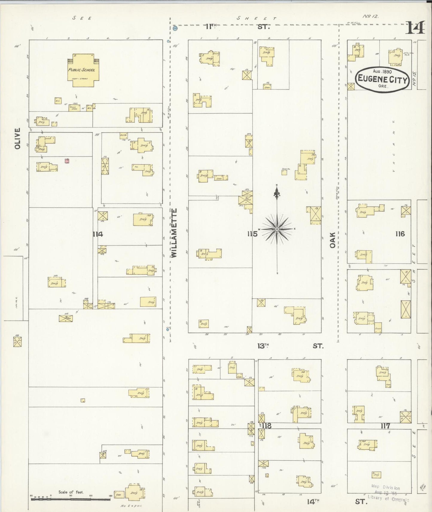 Sanborn Fire Insurance Map from Eugene, Lane County, Oregon (1890), Sheet #0014 - Historic Sanborn Fire Insurance Map Print, vintage old map wall art, antique decor, genealogy gift, Oregon Oregon map