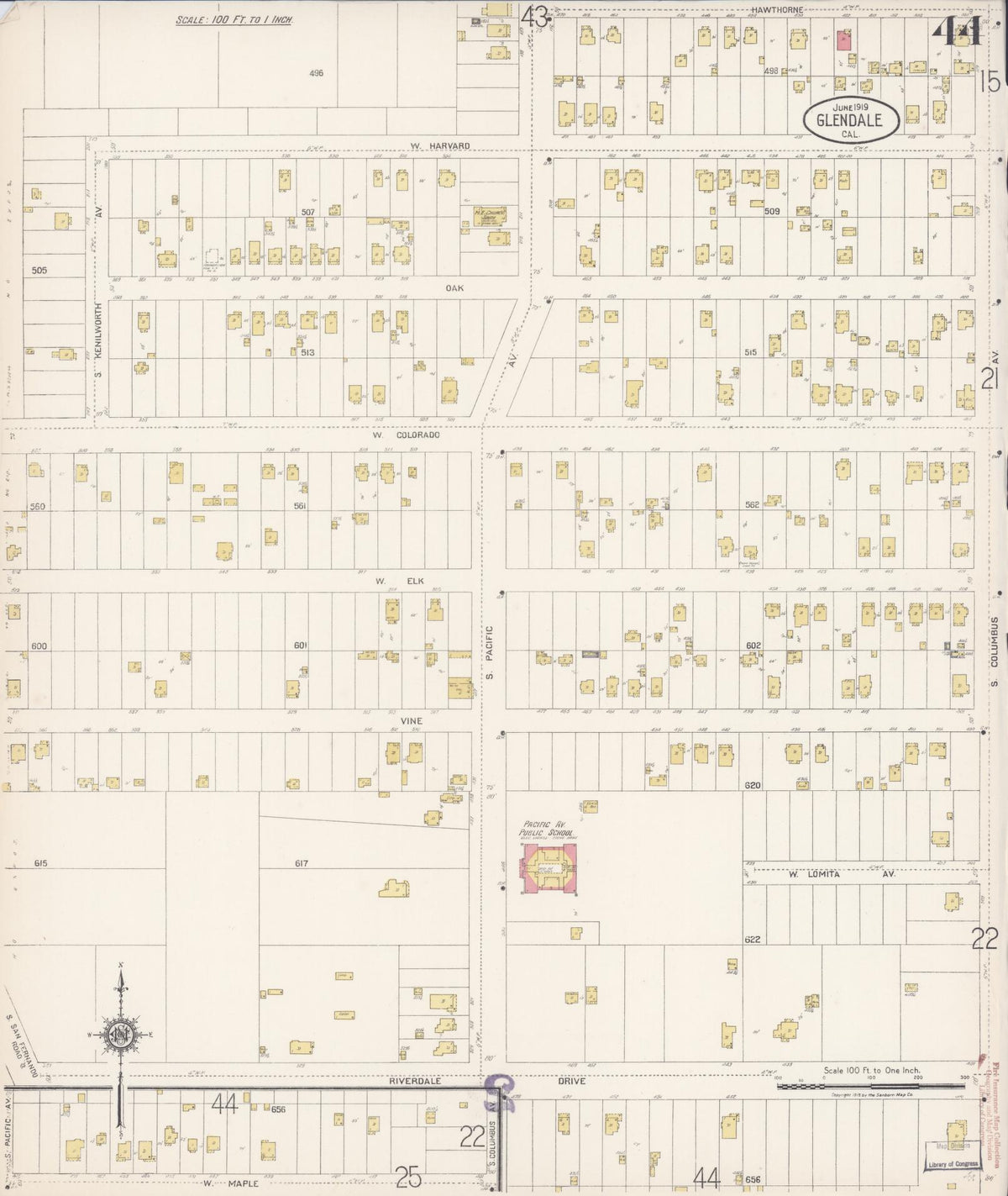 Sanborn Fire Insurance Map from Glendale, Los Angeles County, California (1919), Sheet #0044 - Complete Map Set gallery image, historic Sanborn map, vintage wall art, California California