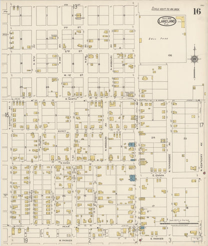 Sanborn Fire Insurance Map from Lakeland, Polk County, Florida (1922), Sheet #0016 - Historic Sanborn Fire Insurance Map Print, vintage old map wall art, antique decor, genealogy gift, Florida Florida map