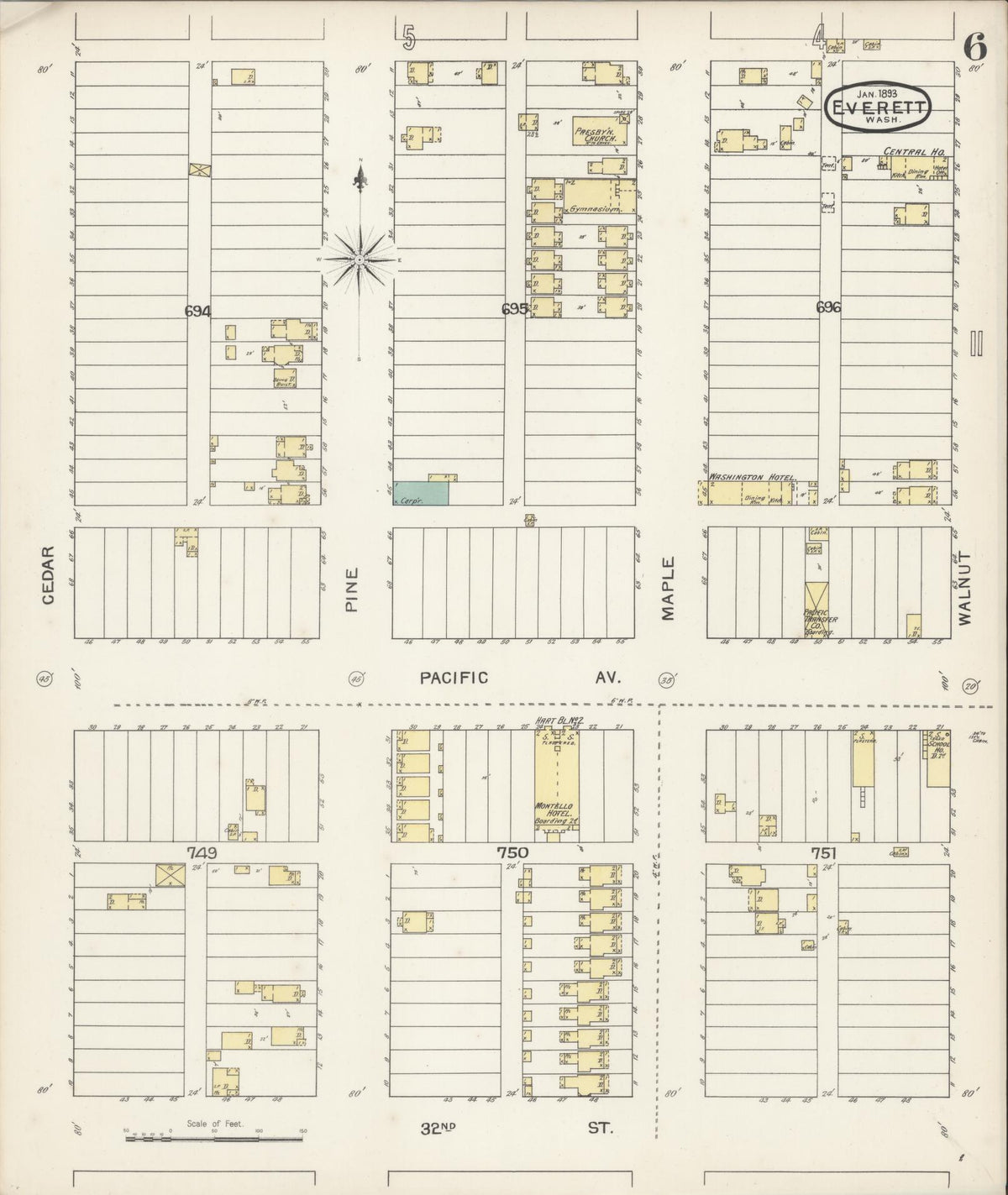 Sanborn Fire Insurance Map from Everett, Snohomish County, Washington (1893), Sheet #0005 - Historic Sanborn Fire Insurance Map Print, vintage old map wall art, antique decor, genealogy gift, Washington Washington map