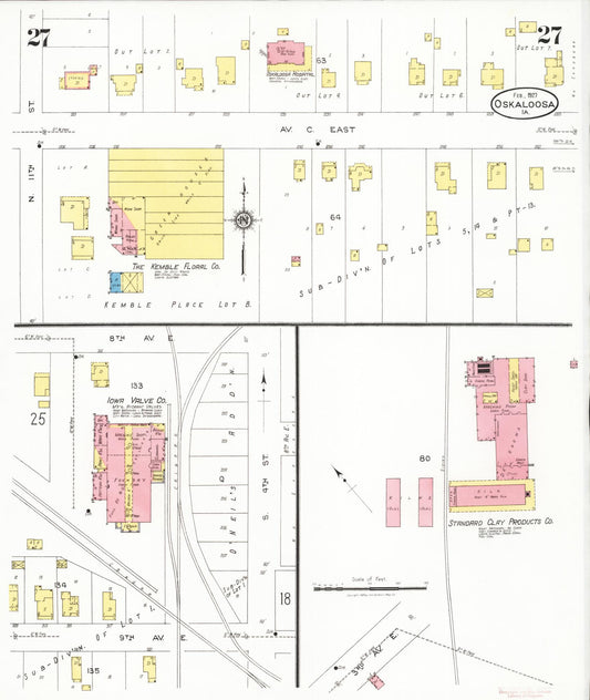 Sanborn Fire Insurance Map from Oskaloosa, Mahaska County, Iowa (1927), Sheet #0027 - Historic Sanborn Fire Insurance Map Print, vintage old map wall art