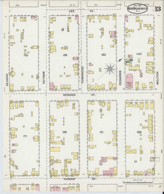 Sanborn Fire Insurance Map from New Brunswick, Middlesex County, New Jersey (1892), Sheet #0013 - Historic Sanborn Fire Insurance Map Print, vintage old map wall art, antique decor, genealogy gift, New Jersey New Jersey map
