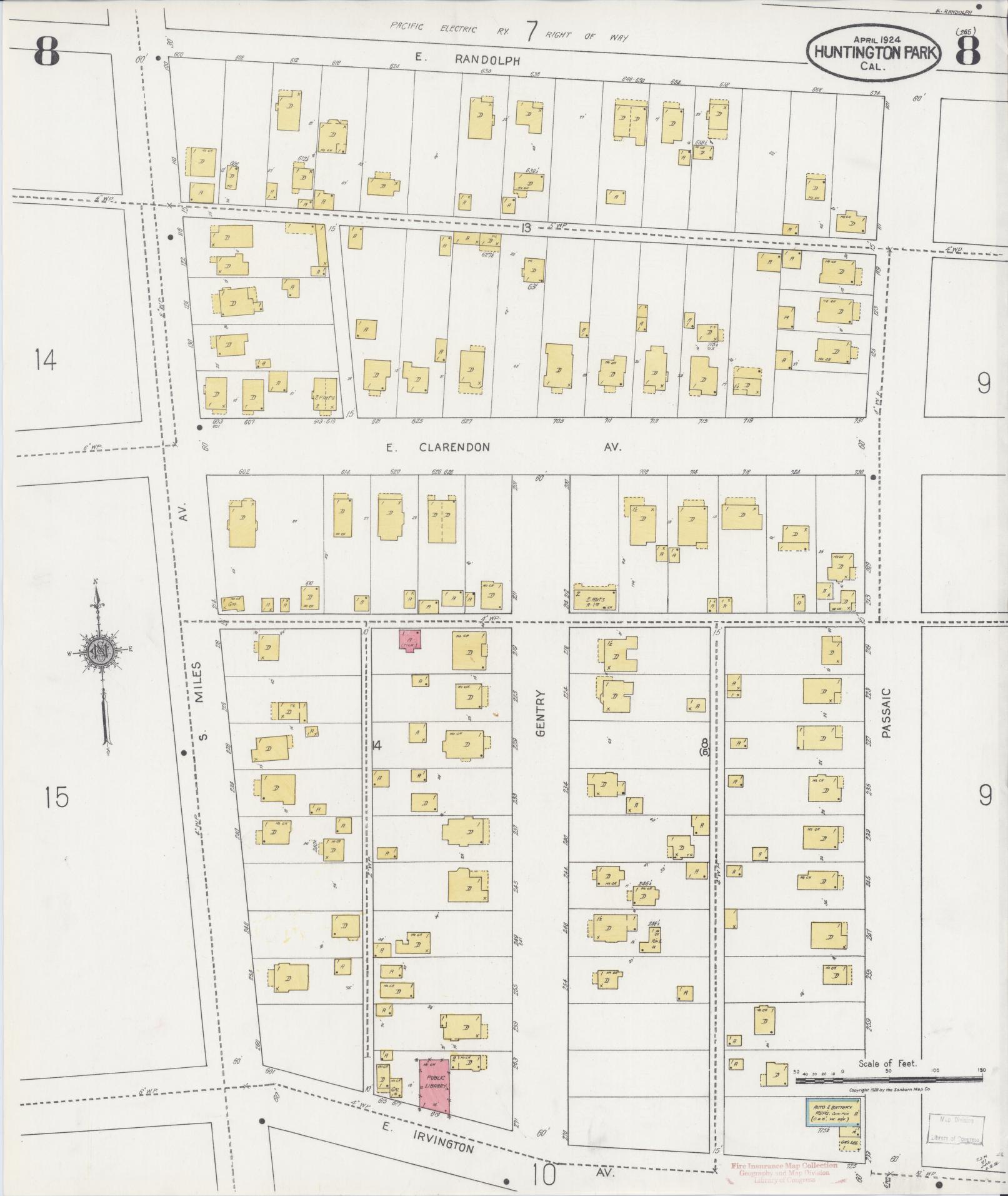 Sanborn Fire Insurance Map from Huntington Park, Los Angeles County, California (1924), Sheet #0008 - Historic Sanborn Fire Insurance Map Print, vintage old map wall art, antique decor, genealogy gift, California California map