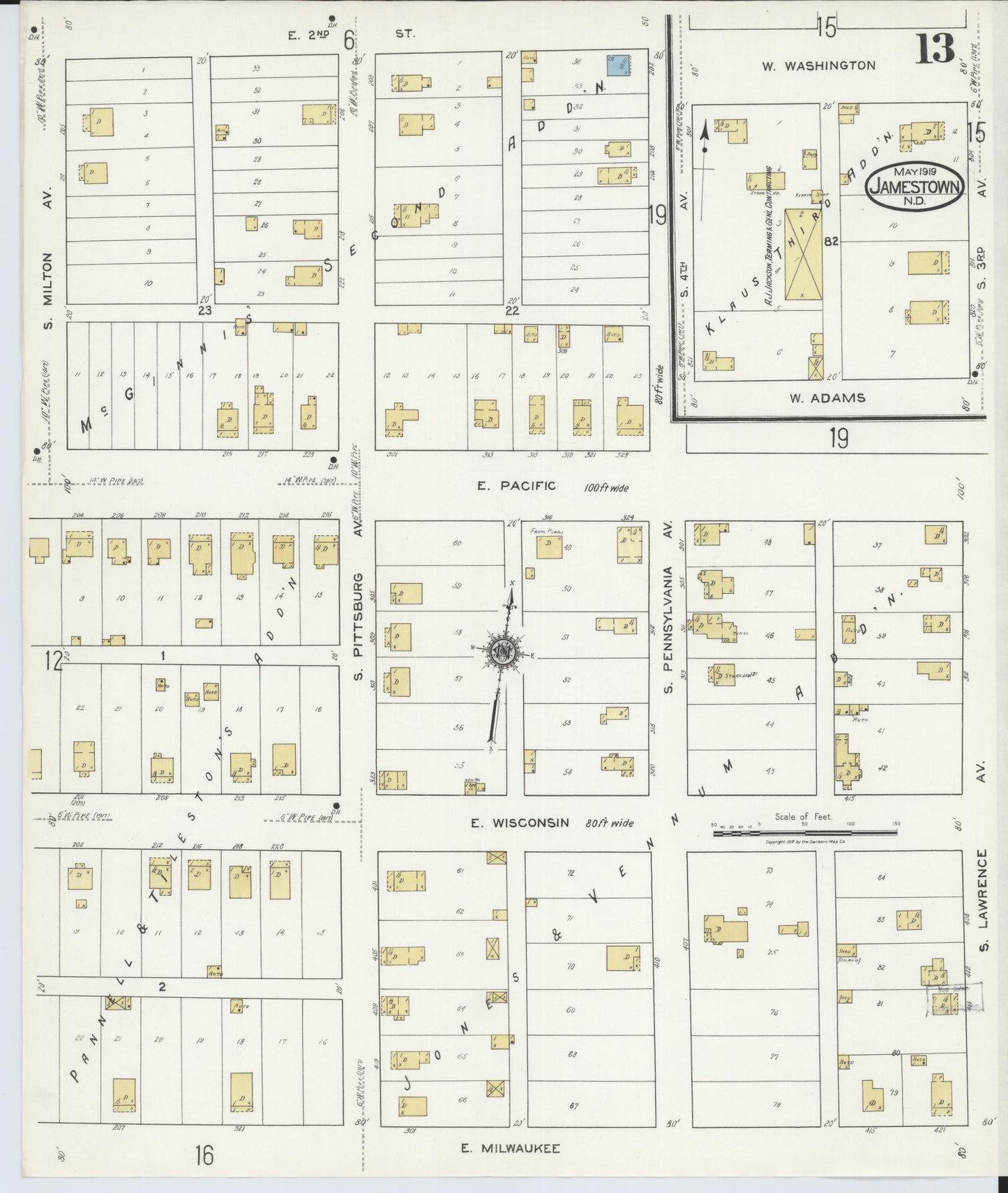 Sanborn Fire Insurance Map from Jamestown, Stutsman County, North Dakota (1919), Sheet #0013 - Complete Map Set gallery image, historic Sanborn map, vintage wall art, North Dakota North Dakota