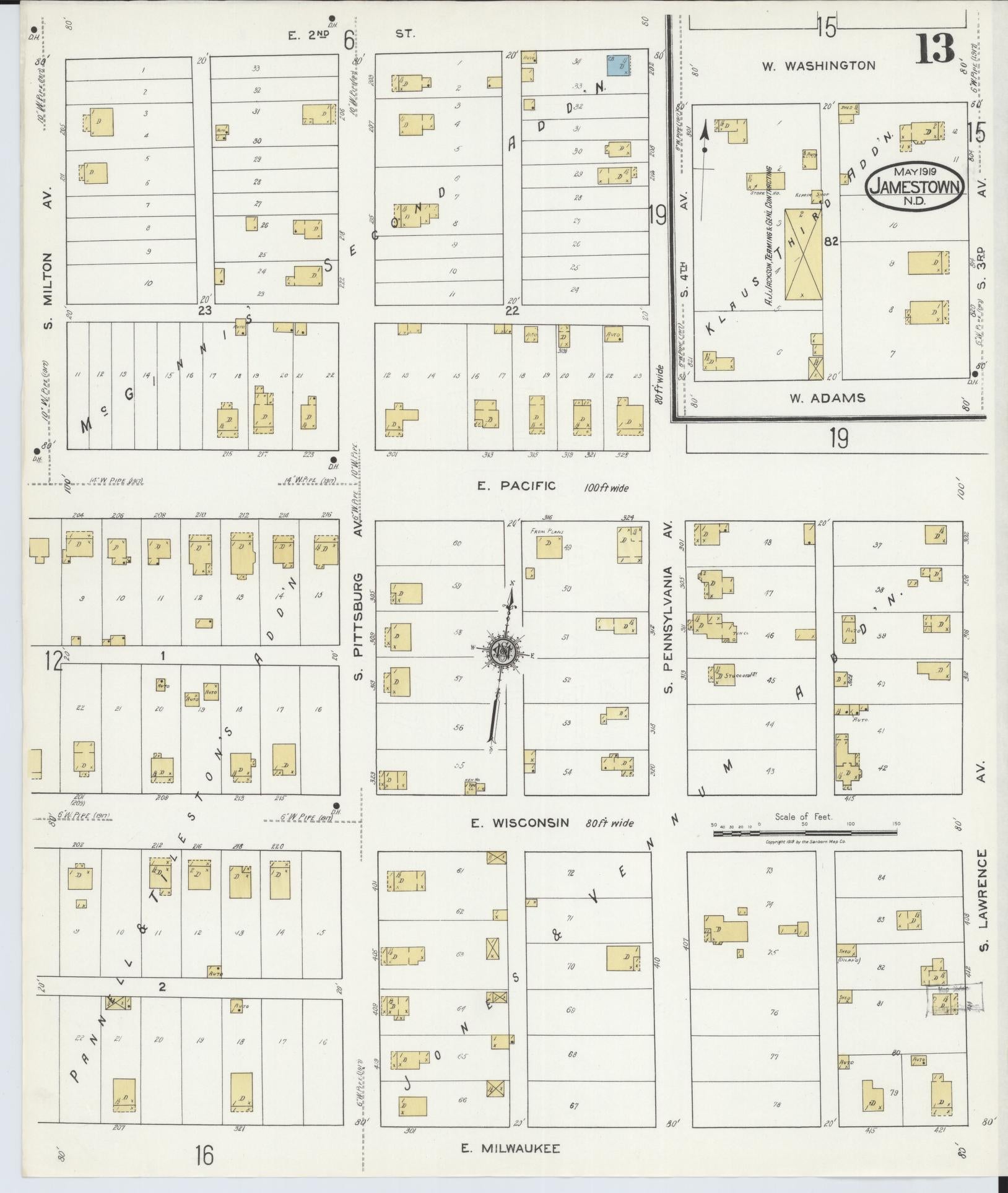 Sanborn Fire Insurance Map from Jamestown, Stutsman County, North Dakota (1919), Sheet #0013 - Complete Map Set gallery image, historic Sanborn map, vintage wall art, North Dakota North Dakota