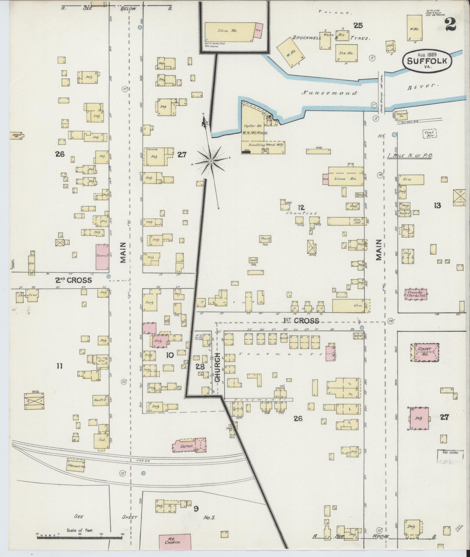 Sanborn Fire Insurance Map from Suffolk, Independent Cities, Virginia (1889), Sheet #0002 - Historic Sanborn Fire Insurance Map Print, vintage old map wall art, antique decor, genealogy gift, Virginia Virginia map