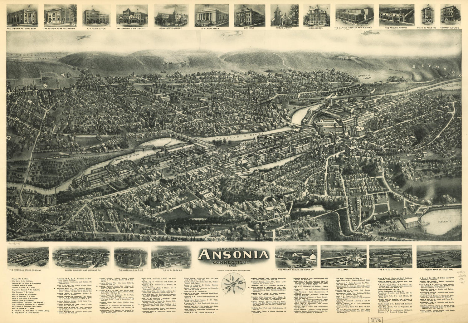 Aero view of Ansonia, Connecticut 1921. (1921) – Historic Bird’s-Eye View Panorama Print