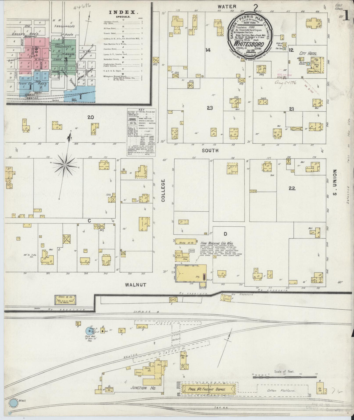 Sanborn Fire Insurance Map from Whitesboro, Grayson County, Texas (1896), Sheet #0001 - Historic Sanborn Fire Insurance Map Print, vintage old map wall art, antique decor, genealogy gift, Texas Texas map
