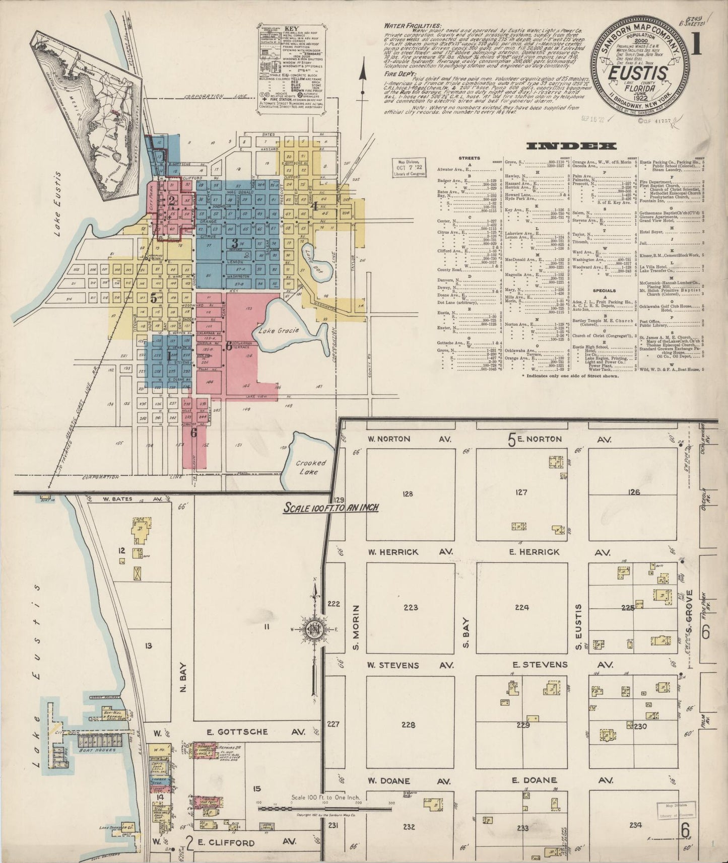 Sanborn Fire Insurance Map from Eustis, Lake County, Florida (1922), Sheet #0001 - Complete Map Set gallery image, historic Sanborn map, vintage wall art, Florida Florida