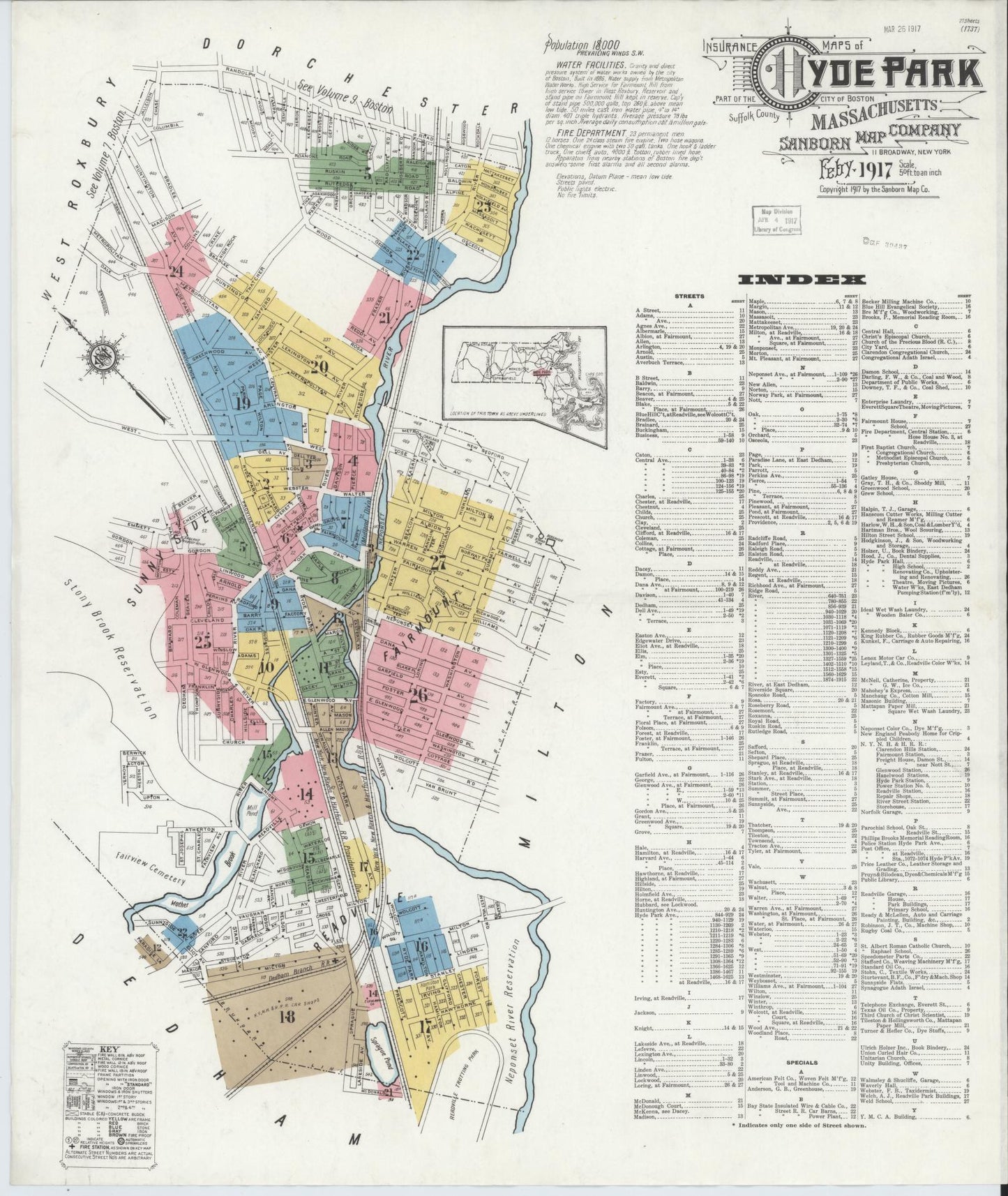 Sanborn Fire Insurance Map from Hyde Park, Norfolk County, Massachusetts. (1917) – Historic Sanborn Fire Insurance Map Print