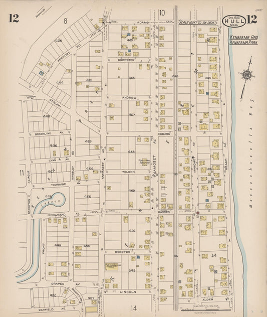 Sanborn Fire Insurance Map from Hull, Plymouth County, Massachusetts (1922), Sheet #0012 - Historic Sanborn Fire Insurance Map Print, vintage old map wall art, antique decor, genealogy gift, Massachusetts Massachusetts map