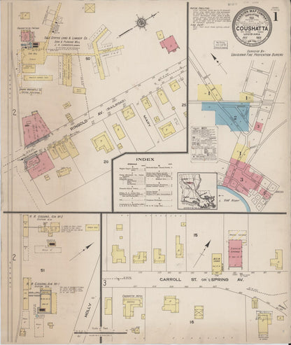 Sanborn Fire Insurance Map from Coushatta, Red River Parish, Louisiana (1922), Sheet #0001 - Complete Map Set gallery image, historic Sanborn map, vintage wall art, Louisiana Louisiana