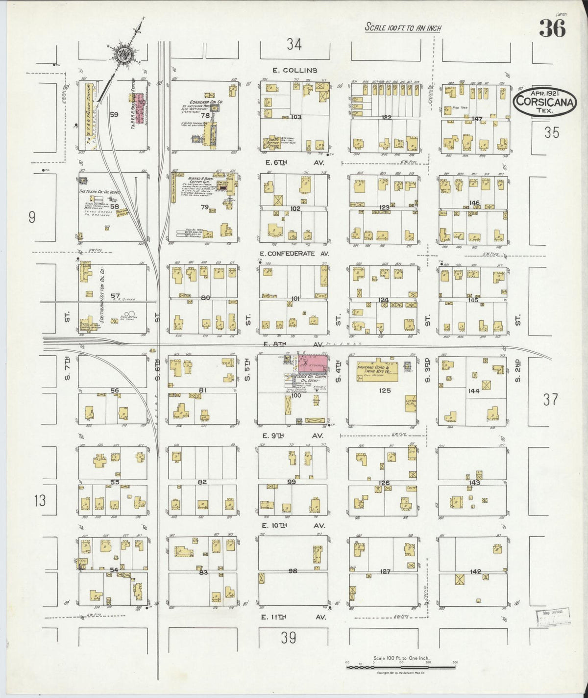 Sanborn Fire Insurance Map from Corsicana, Navarro County, Texas (1921), Sheet #0036 - Complete Map Set gallery image, historic Sanborn map, vintage wall art, Texas Texas