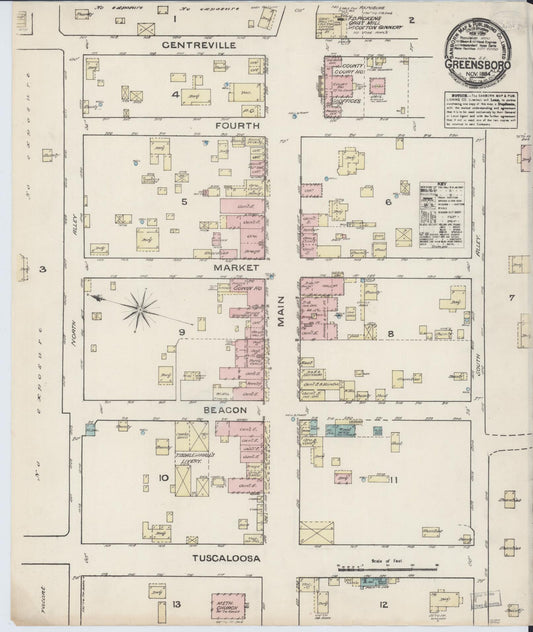 Sanborn Fire Insurance Map from Greensboro, Hale County, Alabama (1884), Sheet #0001 - Historic Sanborn Fire Insurance Map Print, vintage old map wall art, antique decor, genealogy gift, Alabama Alabama map