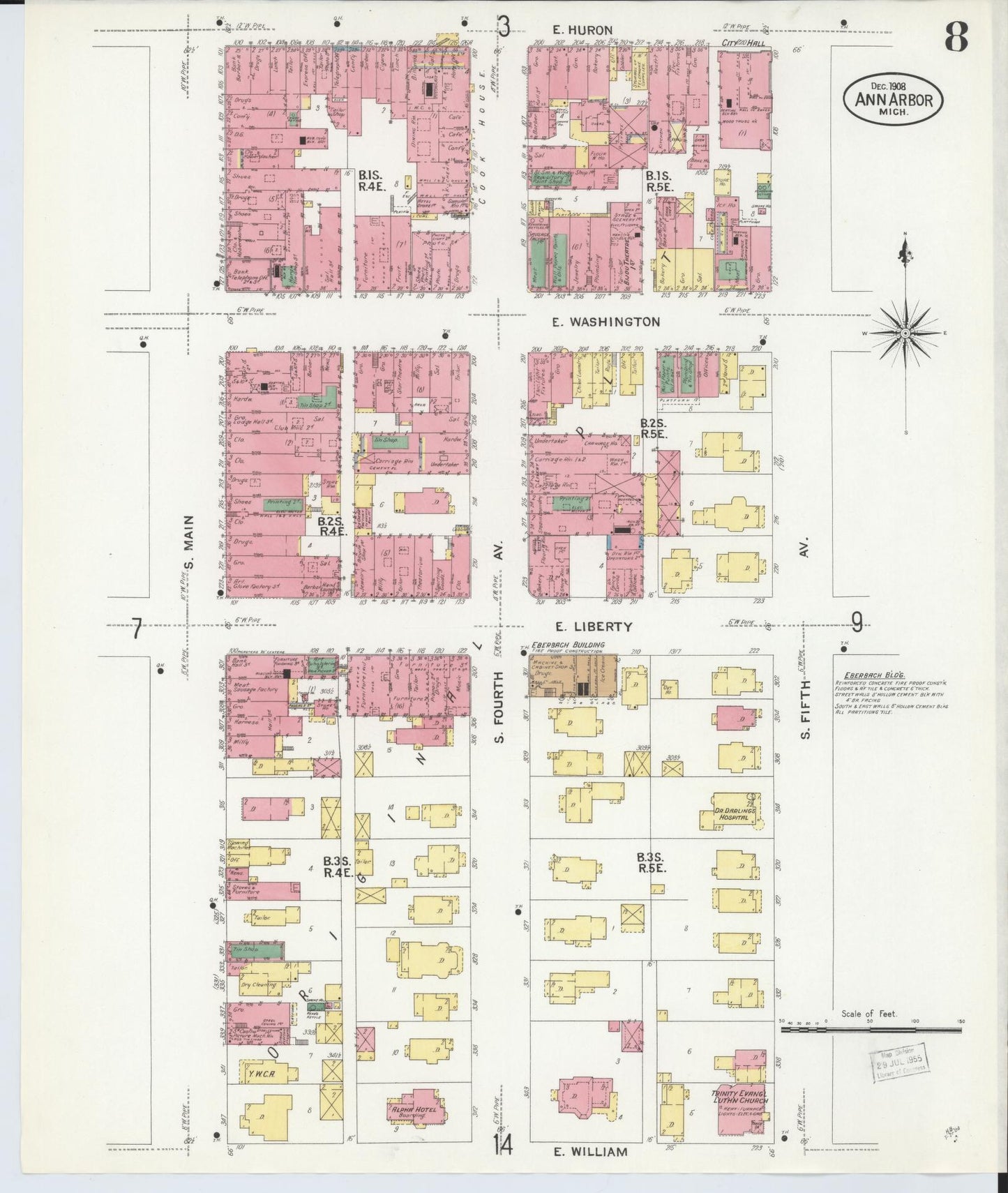 Sanborn Fire Insurance Map from Ann Arbor, Washtenaw County, Michigan (1908), Sheet #0008 - Historic Sanborn Fire Insurance Map Print, vintage old map wall art, antique decor, genealogy gift, Michigan Michigan map