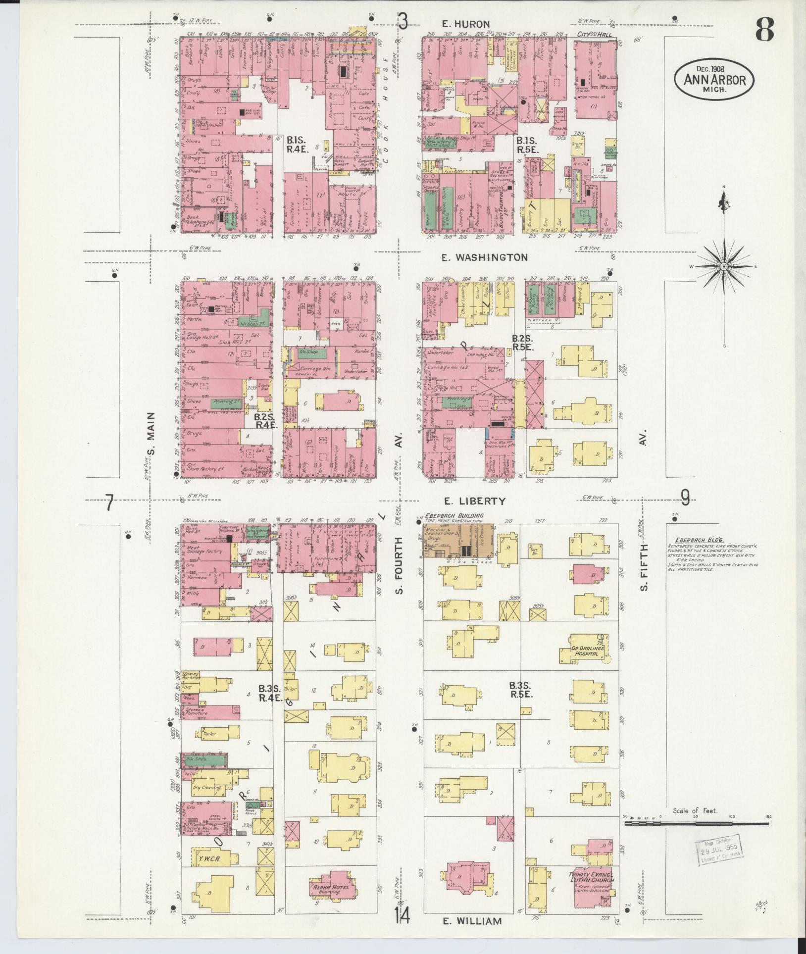 Sanborn Fire Insurance Map from Ann Arbor, Washtenaw County, Michigan (1908), Sheet #0008 - Historic Sanborn Fire Insurance Map Print, vintage old map wall art, antique decor, genealogy gift, Michigan Michigan map