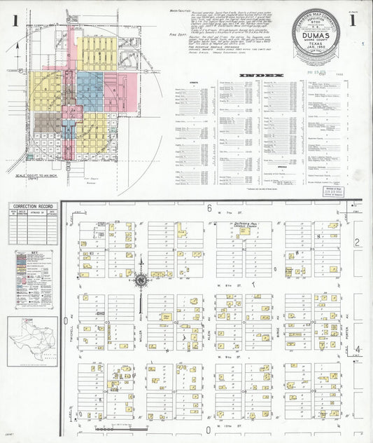 Sanborn Fire Insurance Map from Dumas, Moore County, Texas (1950), Sheet #0001 - Historic Sanborn Fire Insurance Map Print, vintage old map wall art, antique decor, genealogy gift, Texas Texas map