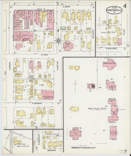 Sanborn Fire Insurance Map from Crawfordsville, Montgomery County, Indiana (1896), Sheet #0004 - Historic Sanborn Fire Insurance Map Print, vintage old map wall art, antique decor, genealogy gift, Indiana Indiana map