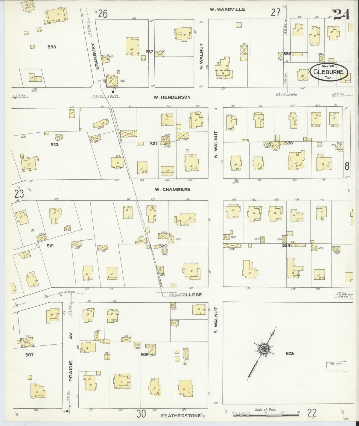 Sanborn Fire Insurance Map from Cleburne, Johnson County, Texas (1910), Sheet #0024 - Historic Sanborn Fire Insurance Map Print, vintage old map wall art, antique decor, genealogy gift, Texas Texas map