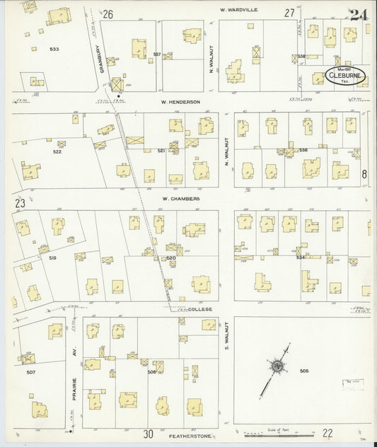 Sanborn Fire Insurance Map from Cleburne, Johnson County, Texas (1910), Sheet #0024 - Historic Sanborn Fire Insurance Map Print, vintage old map wall art, antique decor, genealogy gift, Texas Texas map