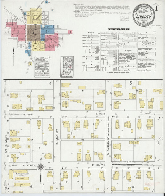 Sanborn Fire Insurance Map from Liberty, Union County, Indiana (1919), Sheet #0001 - Historic Sanborn Fire Insurance Map Print, vintage old map wall art, antique decor, genealogy gift, Indiana Indiana map