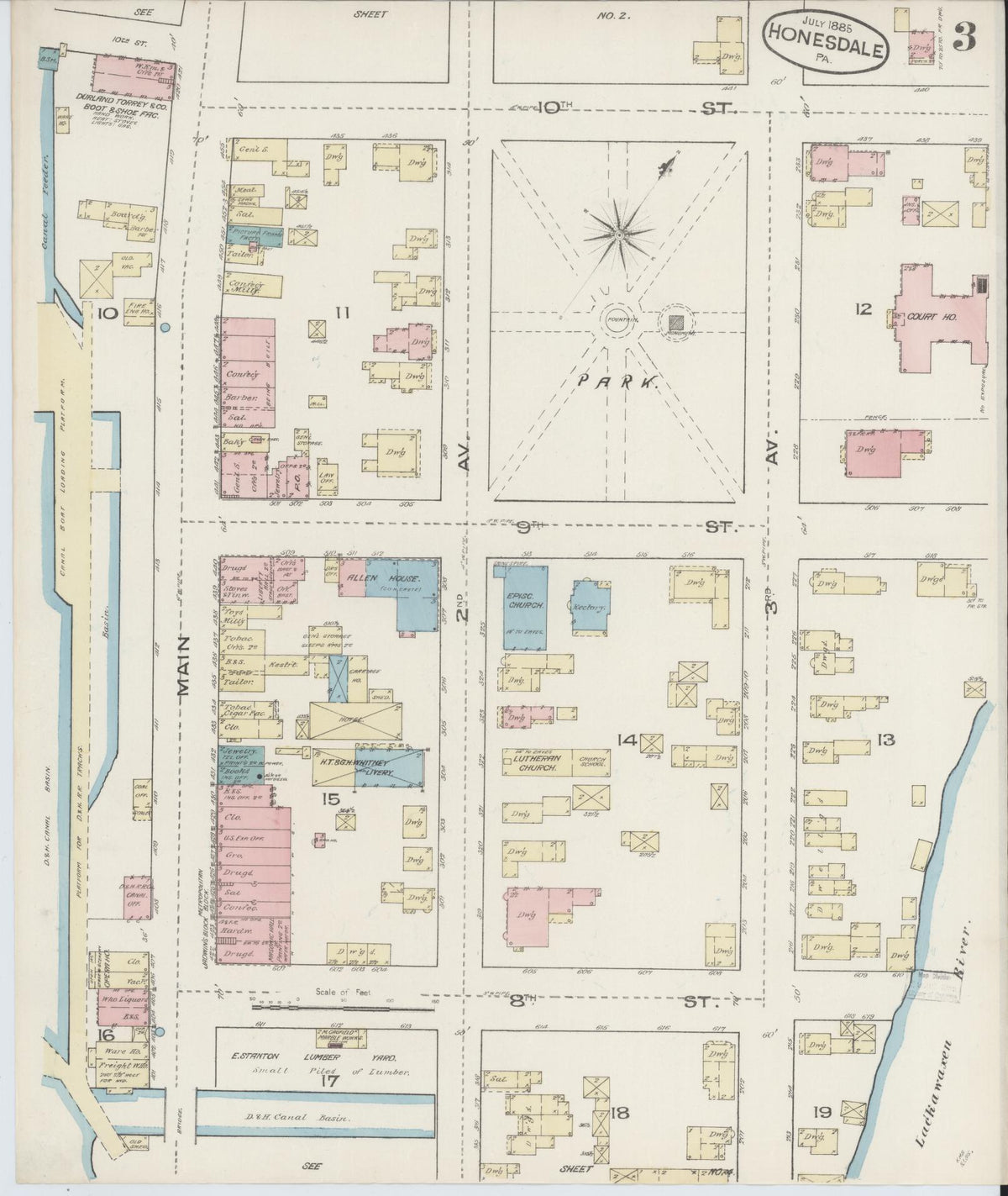 Sanborn Fire Insurance Map from Honesdale, Wayne County, Pennsylvania (1885), Sheet #0003 - Complete Map Set gallery image, historic Sanborn map, vintage wall art, Pennsylvania Pennsylvania