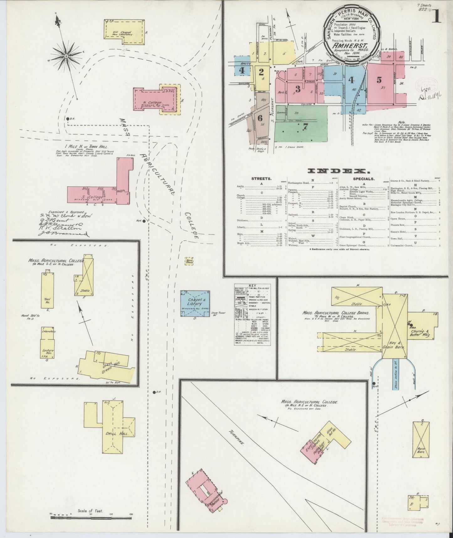 Sanborn Fire Insurance Map from Amherst, Hampshire County, Massachusetts (1896), Sheet #0001 - Historic Sanborn Fire Insurance Map Print, vintage old map wall art, antique decor, genealogy gift, Massachusetts Massachusetts map