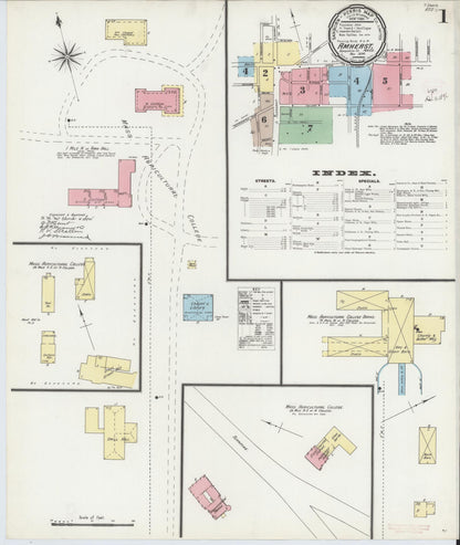 Sanborn Fire Insurance Map from Amherst, Hampshire County, Massachusetts (1896), Sheet #0001 - Historic Sanborn Fire Insurance Map Print, vintage old map wall art, antique decor, genealogy gift, Massachusetts Massachusetts map