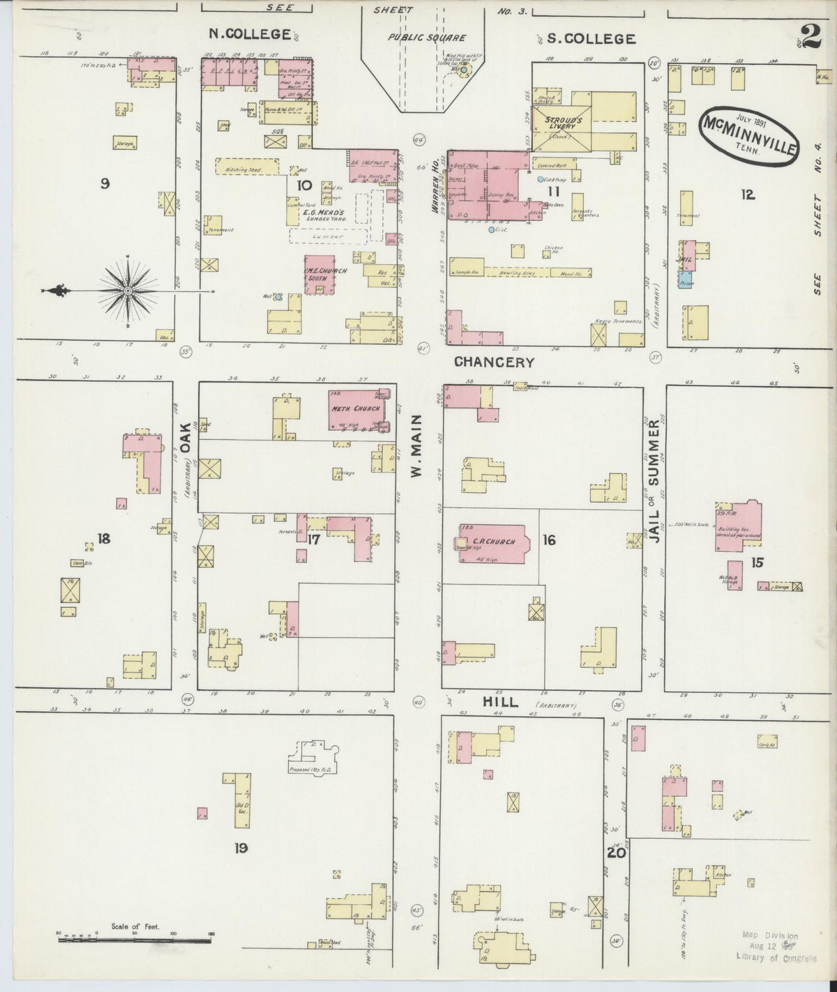 Sanborn Fire Insurance Map from McMinnville, Warren County, Tennessee (1891), Sheet #0002 - Historic Sanborn Fire Insurance Map Print, vintage old map wall art, antique decor, genealogy gift, Tennessee Tennessee map