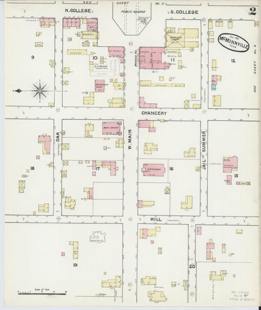 Sanborn Fire Insurance Map from McMinnville, Warren County, Tennessee (1891), Sheet #0002 - Historic Sanborn Fire Insurance Map Print, vintage old map wall art, antique decor, genealogy gift, Tennessee Tennessee map