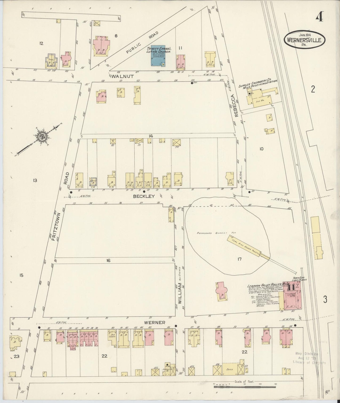Sanborn Fire Insurance Map from Wernersville, Berks County, Pennsylvania (1914), Sheet #0004 - Historic Sanborn Fire Insurance Map Print, vintage old map wall art, antique decor, genealogy gift, Pennsylvania Pennsylvania map
