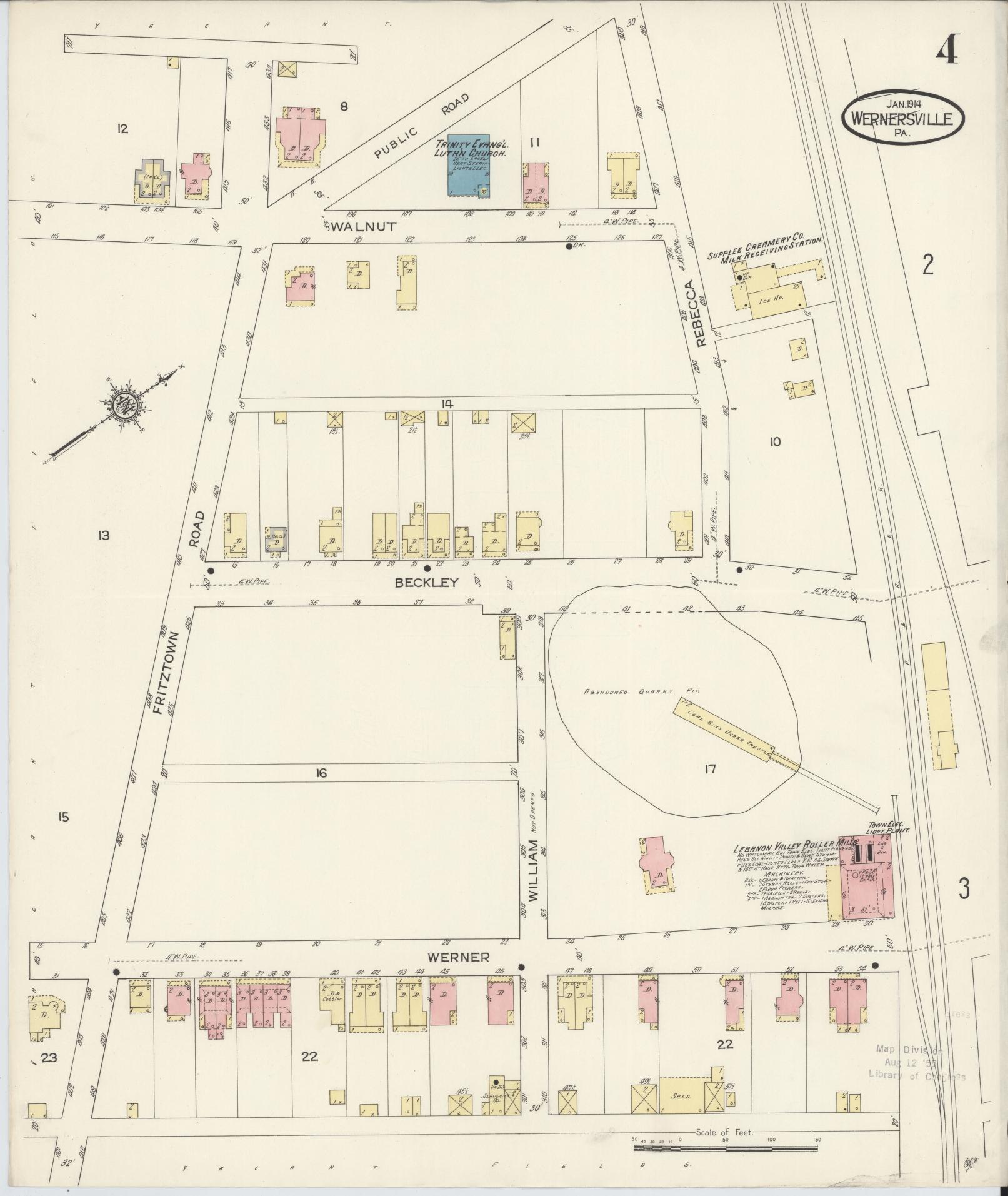 Sanborn Fire Insurance Map from Wernersville, Berks County, Pennsylvania (1914), Sheet #0004 - Historic Sanborn Fire Insurance Map Print, vintage old map wall art, antique decor, genealogy gift, Pennsylvania Pennsylvania map