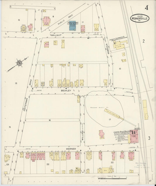 Sanborn Fire Insurance Map from Wernersville, Berks County, Pennsylvania (1914), Sheet #0004 - Historic Sanborn Fire Insurance Map Print, vintage old map wall art, antique decor, genealogy gift, Pennsylvania Pennsylvania map